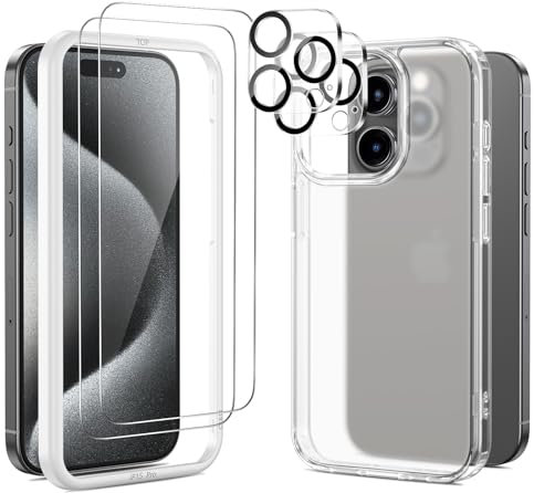 SPARIN 3 in 1 Hülle für iPhone 15 Pro, 2 Panzer Schutz Glas Schutzfolie und 2 Kameraschutz für iPhone 15 Pro, Hard PC und TPU Silikon Bumper Handyhülle Case - Matt Transparent