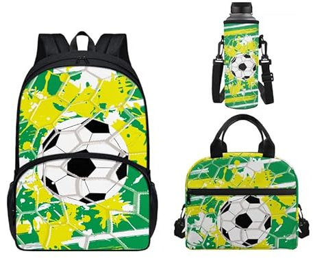 Jndtueit Lot de 3 sacs à dos durables avec porte-bouteille isotherme pour adolescent Motif ballon de football Vert