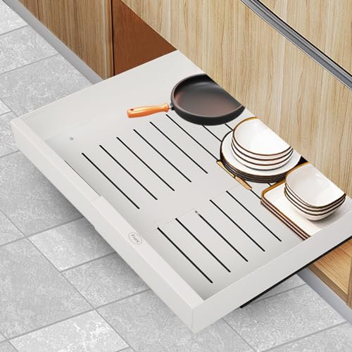 1 StücK Teleskopschublade, Einstellbare Breite 31-52cm,Ausziehbare Schubladen mit Schienensystem, Vielfältiger Korbauszug für Küchenschrank Topf- und Pfannen-Organizer, Schubladenaufbewahrung(Weiß)