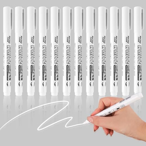 Bubuny Weiß Acrylstifte, 12 Stük Weiß Stift Wasserfest Marker, Acrylmarker Stifte für Wchwarzes Papier Holz Glas Steine Bemalen