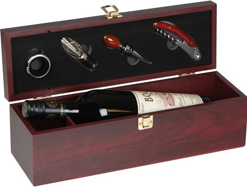 notrash2003 Sommelier - Set de vino con caja de madera y accesorios para vino de 4 piezas, anillo antigoteo, tapón de botella, cuchillo de camarero, decantador y vertedor