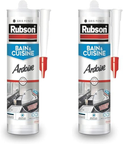 Rubson Mastic Bain & Cuisine Couleur Ardoise, Joint silicone multi-matériaux renforcé en antifongiques, mastic sanitaire coloré, souple & étanche, 280 ml (Lot de 2)