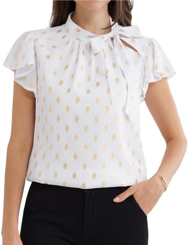 GRACE KARIN Damen Stehkragen Top Gerüschte Kurze Ärmel Lässiger Top Weiß XL