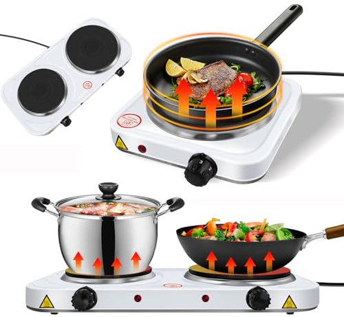 Double Hot Plate Electric Hob 1500W & 1000W for Warming/Cooking/Frying, Portable Hob Portable Table Top Hob for Camping Party Picnic, 5 Gear Heat Setting, Non-Slip Feet