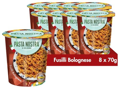 Pasta Nostra | Instant Pasta Pots | BOLOGNESE fusilli Pasta with a beef and tomato sauce | Pack of 8 x 70g | Made in Italy | Ready in 5 minutes | healthier alternative to pot noodle