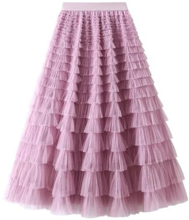 REHJJDFD Jupe de fête pour femme - Taille haute - Élastique - Longue jupe en tulle - Robe tutu rose à volants multicouches, Poudre violet., 40