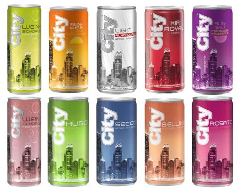 City Dosen Probierpaket 10 Sorten (Secco Kir Royal hugo Bellini Rosato Maracuja light Orange White Frizzante Weinschorle) - inkl. 2,50 € Pfand