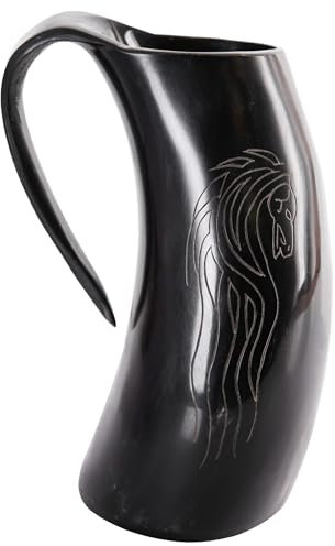 Battle-Merchant | Hochwertiger Wikinger Bierkrug aus Horn mit Pferdekopf Motiv | Hornkrug Graviert | Mittelalterlicher Met-Krug bis zu 800ml
