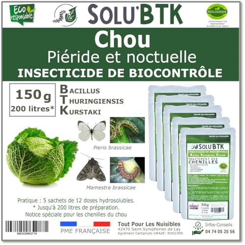 SoluBTK - Chou : Piéride et Noctuelle 150 g Bacillus thuringiensis BTK - Insecticide Utilisable en Agriculture Biologique - Traitement chenilles