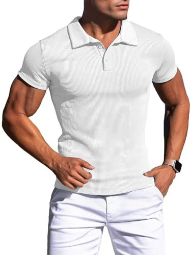 Agilelin Men's Muscle Slim Fit Polo Shirts Short Sleeve Stretch T-Shirts Casual Stylish Tee for Golf Workout(White/M)