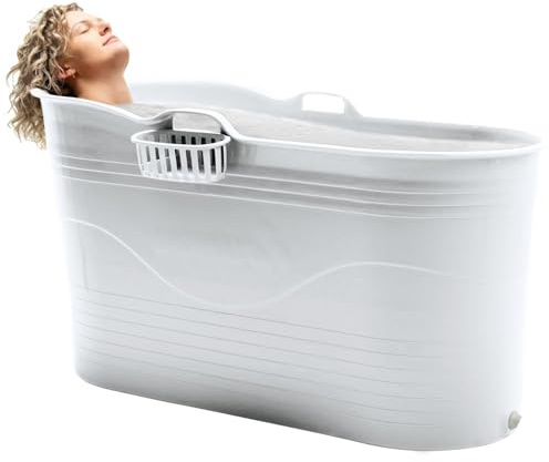 HelloBath® – Bath Bucket XL (Basic) – 121 cm – Baignoire assise pour adultes – Bain glacé – Tuyau d’évacuation extensible jusqu’à 3 m - Grège