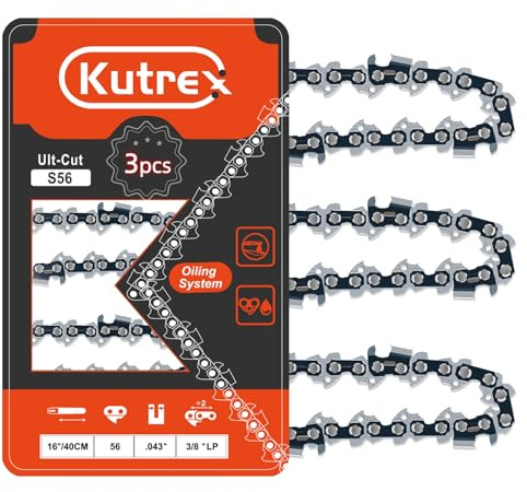 Kutrex 40,6 cm Sägekette, 0,95 cm LP-Teilung, 109,2 cm Stärke, 56 Treibglieder, Low-Kickback-Kette, passend für Greenworks, Husqvarna, Echo und mehr, S56 (3 Ketten)