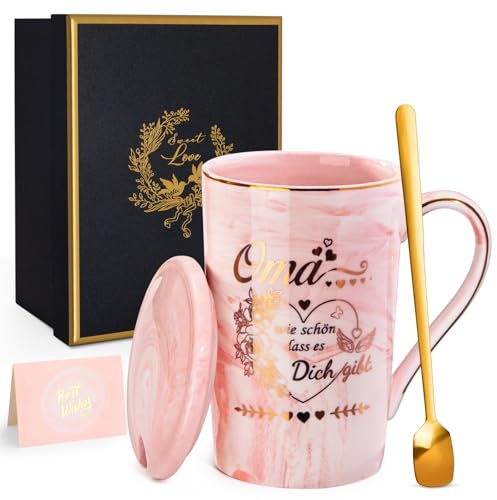 Oma Geschenk, Geschenke Oma Geburtstag, Beste Omas Tasse Geburtstagsgeschenk für Omas Von Enkel Enkelin, 14Oz Rosa Marmor Keramiktasse mit Golddruck, Deckel, Löffel, Grußkarten, Elegante Geschenkbox