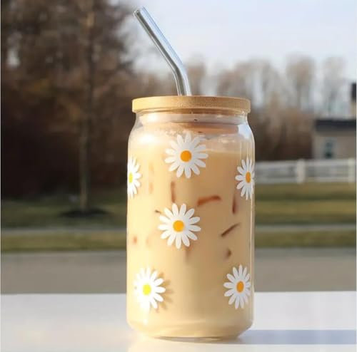 Daisy Cup 16 oz Iced Coffee Cup, Cute Glass Bowls with Bamboo Lids and Straws, Beer Tin, Milk, Mocha Cups, Breakfast Cups, Girls, Women, Holiday, 500 ml