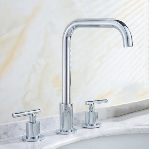Robinet de Lavabo Cascade Mitigeur de Lavabo 3 Trous Chrome Robinet de Salle de Bains 2 Poignées Pivotantes à 360 Degrés 3 Trous Double Poignée Mitigeur de Lavabo Chaud Et Froid
