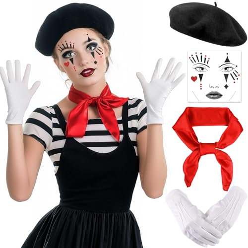 iZoeL Karneval Pantomime Kostüm Damen Herren, Schwarze Baskenmütze Rote Tücher Weiße Handschuhe Gesichtstattoo, Damen Herren Faschingskostüme Karneval Mottoparty