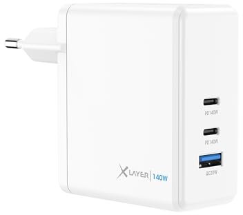 XLayer Powercharger USB-C Schnellladegerät I 140W PD I GaN Charger I 3-Port I kompatibel mit MacBook Pro/Air, iPhone 16 15 Pro Max/15/14 Pro Max/14/13, iPad Pro, Galaxy S23 Ultra/S22, Lenovo