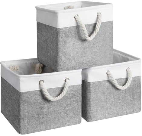 Cozary Aufbewahrungsbox Set 28x28x28 cm - Faltbar - Aufbewahrungskorb mit Metalleinsatz und Baumwollgriff - Aufbewahrung Korb Stoff für Regal, Schrank, und Kleidung - Graues/Weißes - 3er Pack