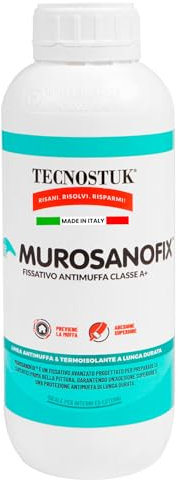 Tecnostuk Murosanofix Fissativo Sanificante Antimuffa Trasparente Lunga Durata Applicazione Facile ad Alta Adesione per Muri Pareti Ambienti Interni ed Esterni Classe A+ Made in Italy - Flacone da 1L