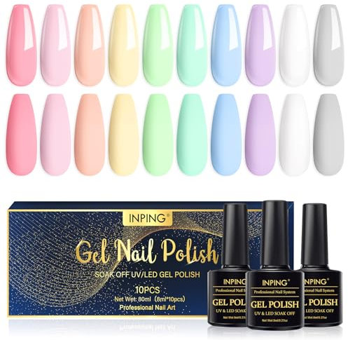 INPING Pastel Gel Nail Polish, 10 Colors Spring Summer Gel Polish, Purple Pink Sky Blue Green Yellow White Grey Macaron Nail Varnish Set Soak Off UV/LED for DIY Nail Art Salon, 8 ML