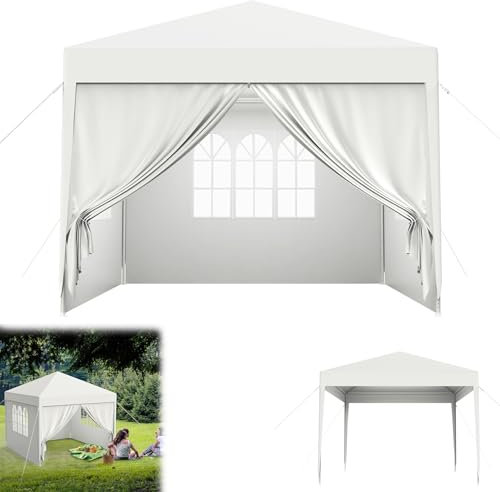 Froadp Pavillon 3x3 m, Wasserdicht Winterfestn Pavillon mit 4 Seitenteilen und Fenstern für Garten und Camping, UV-Schutz, Stabil Festzelt für Party, Hochzeit, Outdoor-Events, Weiß
