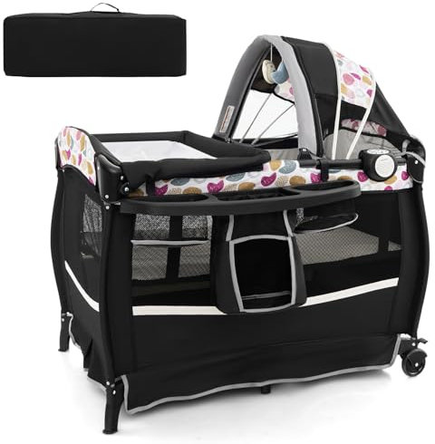 COSTWAY 5 in 1 Reisebett mit Matratze, Beistellbett klappbar mit verstellbaren Vordach, Babybett mit Wickelauflage, Spieluhr & Tragetasche, Kinderreisebett bis 15 kg Belastbar (Kreis)