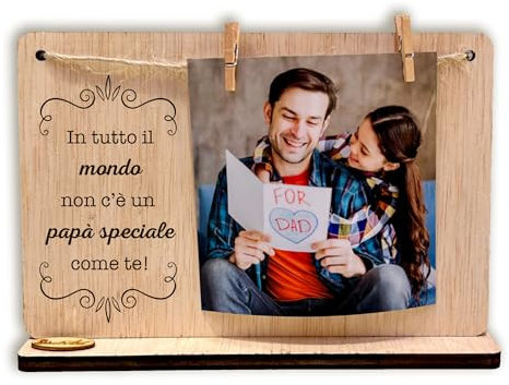 Portafoto con Mollette in Legno “Papà” – Cornice Foto da Parete e Tavolo con Frasi Speciali – Idea Regalo Originale per Festa del Papà e Compleanni – Decorazione Elegante e Commovente, 12x18 cm