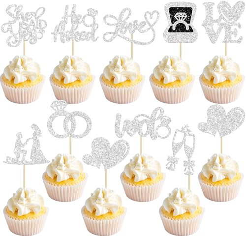 Ephlyn 30Pcs He Asked She Said Yes Cupcake Toppers Glitter Engagement Cupcake Toppers Diamond Ring Heart Love I Do Cupcake Picks for Engagement Wedding Party Cake Decorations Silver