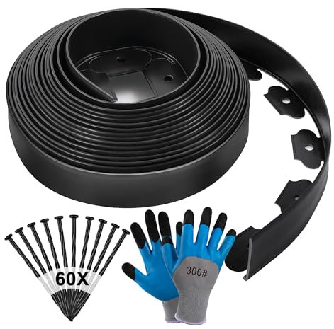Yesaler Bordure de Jardin en Plastique 10m Bordure de Gazon avec 60 Piquets d'ancrage 1 Paire de Gant Hauteur 5cm pour Les Pelouses Noir