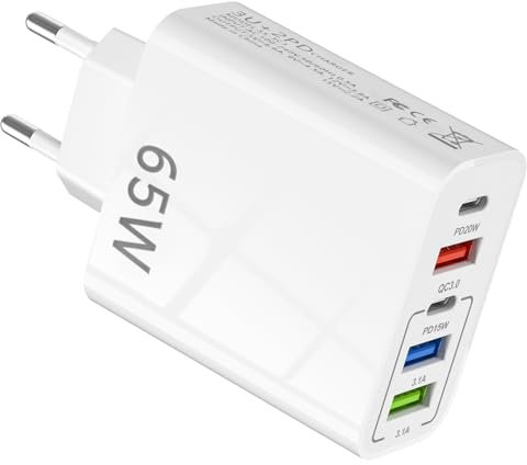 Chargeur USB C 65W à 5 Ports, Chargeur Rapide Multi-Secteur PD et QC 3.1A, Adaptateur Compatible avec iPhone 16/15/14/13/12/11 Pro Max X XS XR 8 Plus Mini SE, iPad, Samsung, Tablettes etc