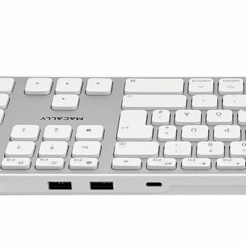 Dr. Bott Macally UCZKEYHUBW Flache erweiterte Mac-Tastatur, 22mm dünn, USB-C Hub mit 2X USB-A und 1x USB-C, 16 Hotkeys, Numerisches Tastenfeld, 90cm Kabel, Silber Weiss, deutsches QWERTZ Layout