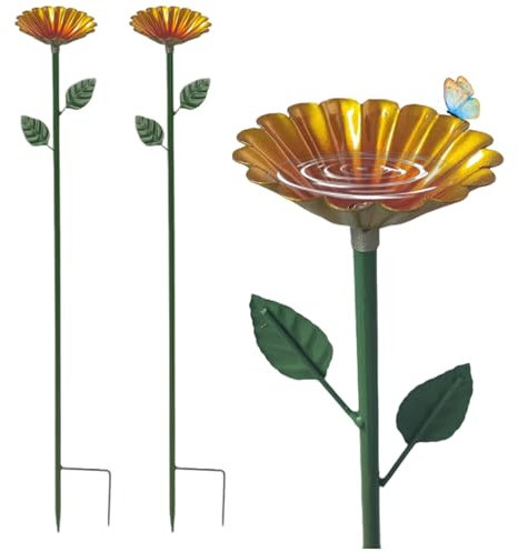 Vogelbad Garten Stehend 65x8cm - 2X Winterfeste Metall Vogeltränke mit Erdspieß, Rosarote Blumen Vogeltränke Groß für Wildvögel & Insekten (Gelb)