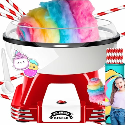 KESSER® Zuckerwattemaschine Set für Dein zuhause - Mit 30x Zuckerwatte Stäbchen & Messlöffel - Retro Cotton Candy Machine - Zuckerwatte Maschine Mit Zubehör - Höhe 22 cm - 500 W Rot Weiß