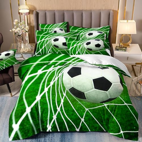Set Copripiumino Singolo Calcio, Set di Biancheria da Letto Tema Sportivo in Morbida Microfibra Stampa 3D, Copripiumino 150x200 con Cerniera 2 Federe 50x80 cm A-1572