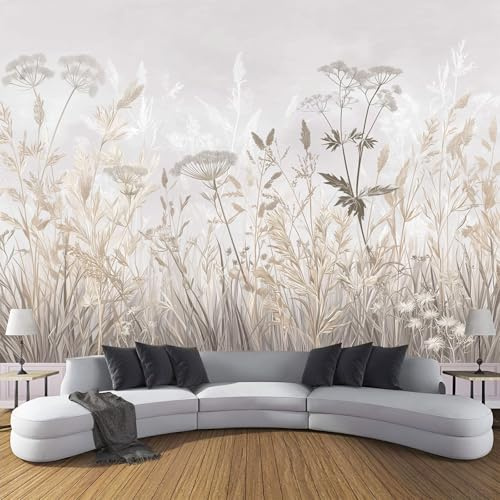 Natur Motiv Fototapete, 3D Effekt Hellgrau Wildes Gras Wildblumen Muster Wandtapete Schlafzimmer, ‎150x105cm (B×H) Seidenstoff Wanddeko Tapete, Wohnzimmer Kinderzimmer Dekoration
