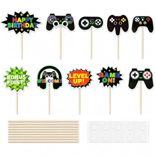 Tourima 10 Stück Topp Die Torte Spiel, Level Up Tortendeko Gaming Deko, Videospiel Tortendeko Geburtstagsdeko, Tortenaufleger Personalisiert, Muffin Deko Cake Decoration Backzubehör Küchendeko Cupcake