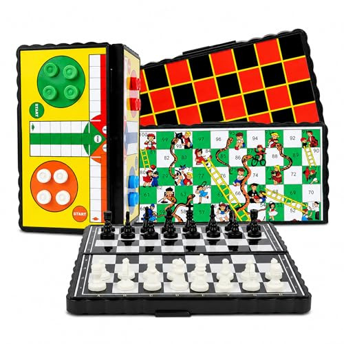 Navoys 4 Travel Mini Classic Games Set | Compact Magnetic Board Games with Chess, Draughts, Ludo & Snakes and Ladders | Foldable Portable Game Set for Holidays, Trips & Family Fun