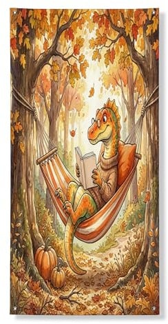 Herbst-Spinosauruss-Tür-Banner, dekorativ, Urlaub, lustige Bücher, Haustürabdeckung, Hintergrunddekoration, für drinnen und draußen, Dinosaurier-Hof-Hintergrund, Zubehör, 91,4 x 183,9 cm