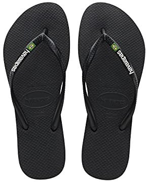 Havaianas - Slim Brasil Logo, Infradito Comode, Resistenti e Leggere, Omaggio al Brasile, Bandiera su Cinghie e Suola, Donna, Nero, 33/34 EU