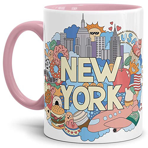 New York Tasse Comic-Style Innen und Henkel Rosa - Kaffeetasse/Mug/Cup - Qualität Made in Germany