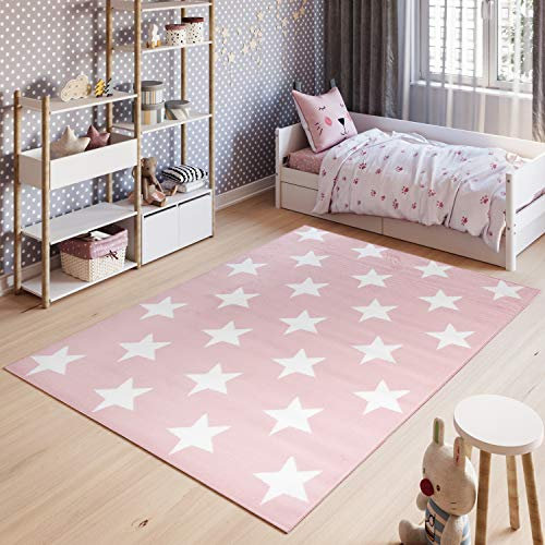 TAPISO Pinky Teppich Kurzflor Kinderteppich Kinderzimmer Rosa Weiß Pastellfarben Modern Geometrisch Stern Spielteppich ÖKOTEX 80 x 150 cm