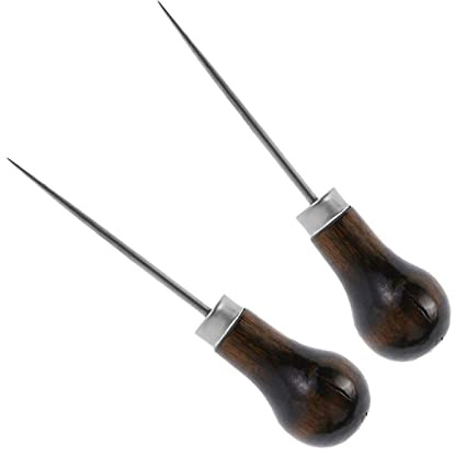 2 Pack Leather Awl Tool, Gourd Shape Sewing Awl Leather Craft Cloth Wood Handle Scratch Awl Tool (Brown)