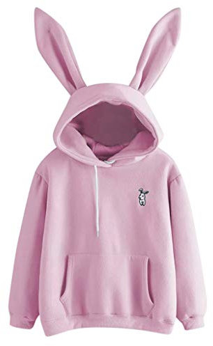 INLLADDY Kapuzenpullover Damen Mädchen Langarm Rundhals Süß Hasenohren Hoodie Einfarbig Kaninchen Druck Hoodie Tasche Sweatshirt Pullover mit Kapuzen M Rosa