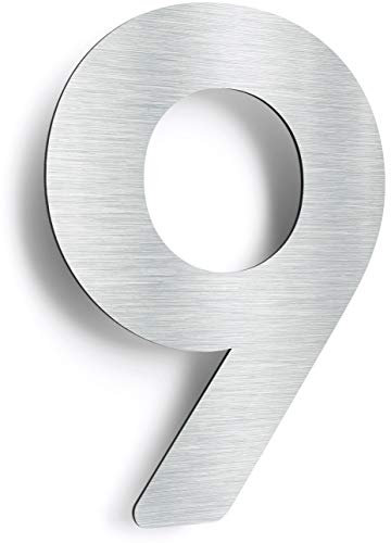 Edelstahl Hausnummer 9 - massiv, wetterfest & rostfrei - 14 cm groß - mit Befestigungsmaterial - Design Hausnummern-Schild gebürstet N-01-9-E
