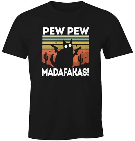 MoonWorks® Herren T-Shirt Pew Pew Madafakas! Schwarze Katze Fun-Shirt Spruch Meme lustig Schwarz L