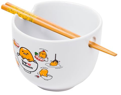 Silver Buffalo Sanrio Gudetama Lazy Egg Poses Top Ramen Nissin Bol à riz en céramique avec baguettes Passe au micro-ondes 590 ml