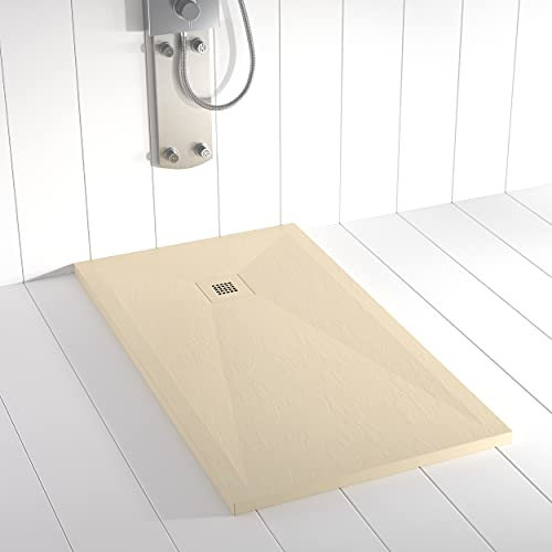Shower Online Plato de ducha Resina PLES - 90x90 - Textura Pizarra - Antideslizante - Todas las medidas disponibles - Incluye Rejilla Color y Sifón -Crema RAL 7015