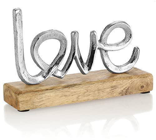 com-four® Deko Aufsteller Love - Schriftzug aus Metall auf Mangoholz-Sockel - Deko-Schriftzug zum Hinstellen - 17x12x5cm (01 Stück - Love 17cm)