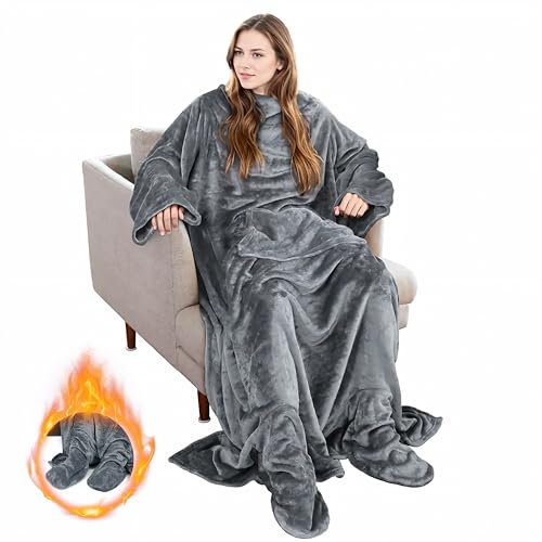 Wearable Fleece Blanket with Sleeves and Foot Pocket for Adult Women Men, Super Soft Cozy Microplush TV Blanket Throw Wrap Cover for Lounge Couch Reading Watching TV