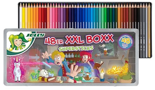 JOLLY, 48er XXL-Boxx Magic, Metall-etui mit Wackelbild, 48 Farbstifte aus Lindenholz, bruchsicher und ungiftig, satte und leuchtende Farben, inkl. Lineal, Made in Austria